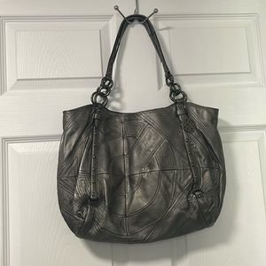 Grey Coach Metallic Leather Tote Shoulder Bag
